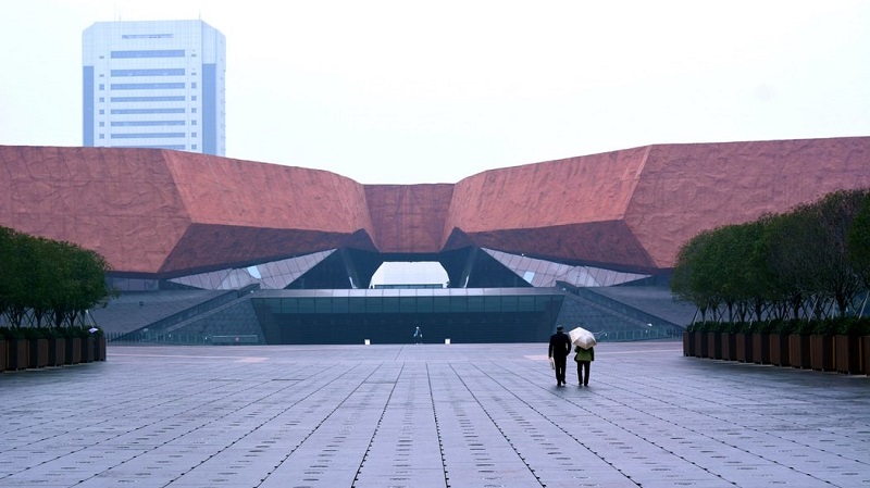 Wuhan City Center – China-edited Two people walk in the center of Wuhan, the epicenter of the COVID-19 outbreak