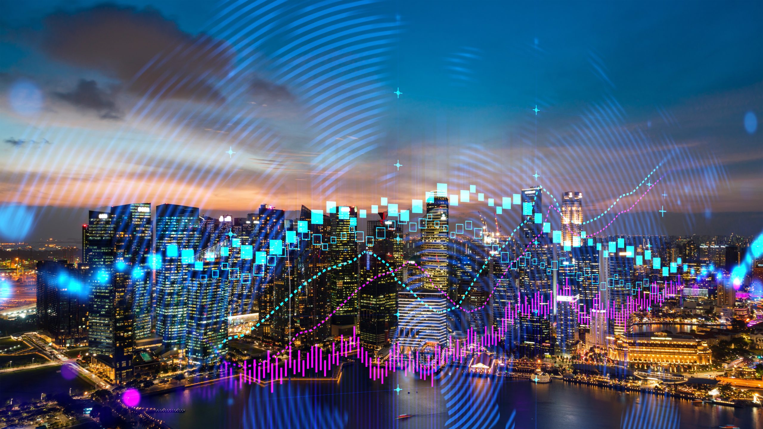 Glowing FOREX graph hologram, aerial panoramic cityscape of Singapore at sunset